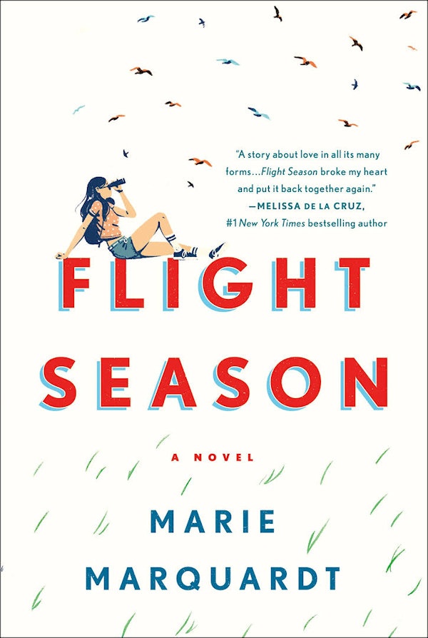 Cover Flight Season: A cartoon girl sits on the book title using binoculars to watch birds