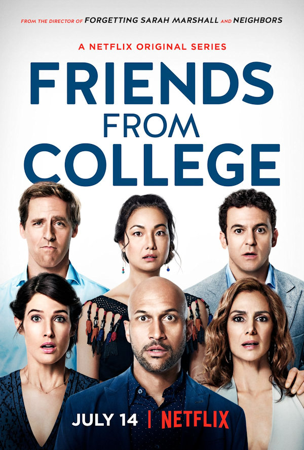 Cover Friends from College: The six friends sit in 2 rows of three and stare at the viewer with surprised looks