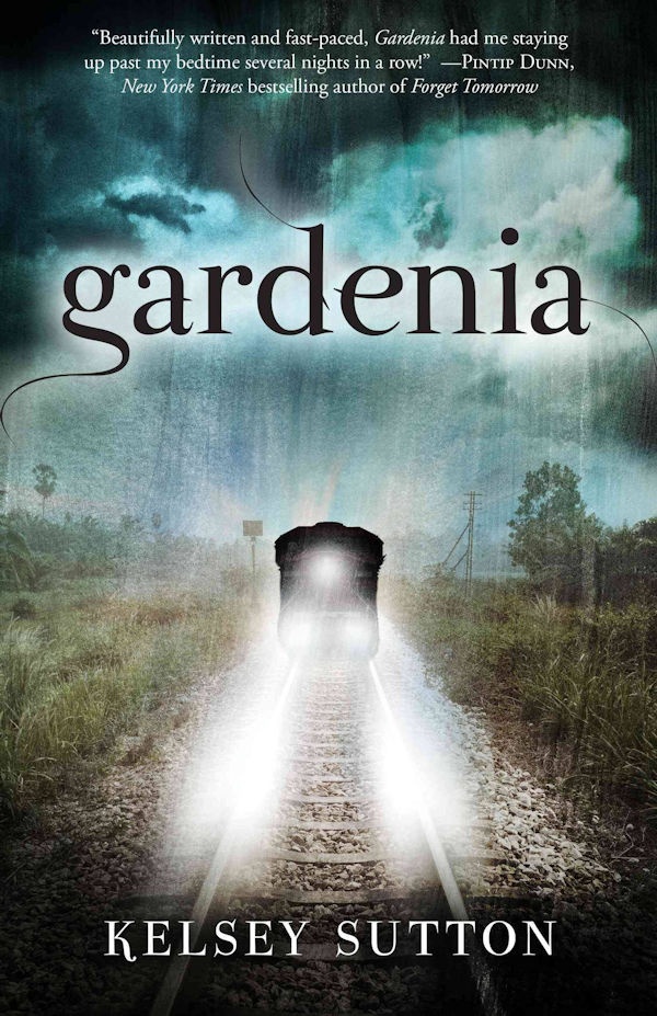 Cover Gardenia: A train with its headlights on going down a misty track