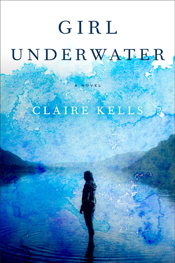 Cover of Girl Underwater, with a girl standing in her clothes in a lake, enhanced by blue watercolor