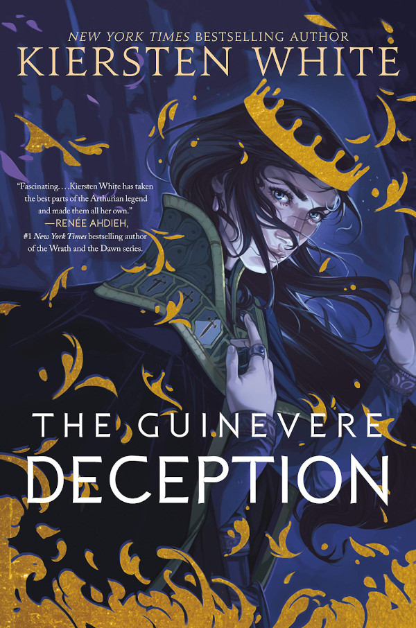 Cover of The Guinevere Deception: A young woman in a fancy robe wears a gold crown on a purple forest background. There are additional golden flames/elements all over the cover.