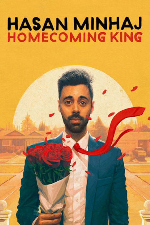 Cover Homecoming King: Comedian Hasan Minhaj holding a bouqet of flowers as his tie flies around