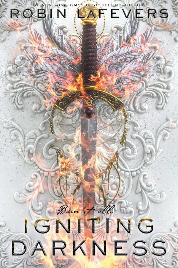 Cover Igniting Darkness: A blade on fire surrounded by white filigree