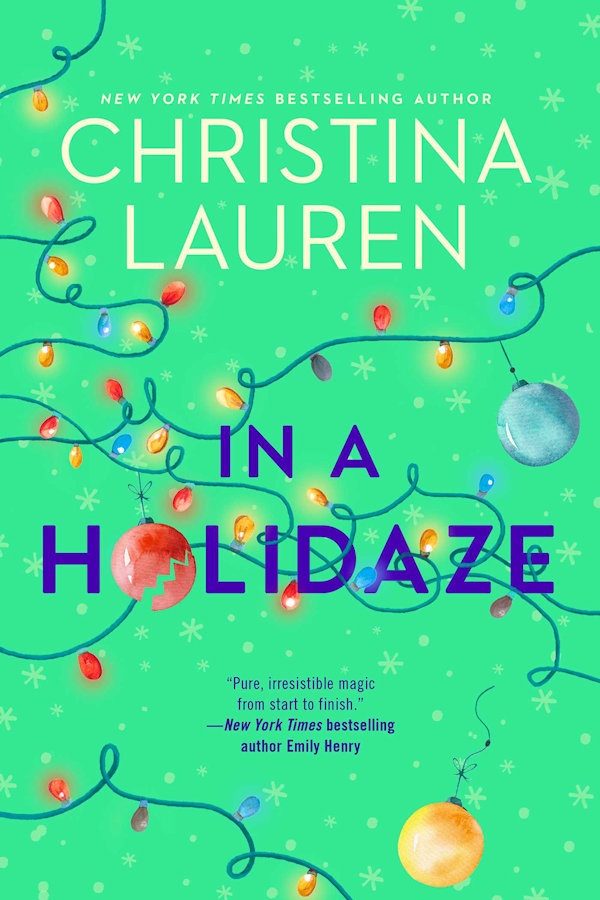 Cover In a Holidaze: A light green background with christmas lights and ornaments strewn about