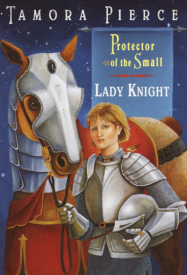 Cover of Lady Knight: Kel in her knight armor holding the reins of a horse in armor.
