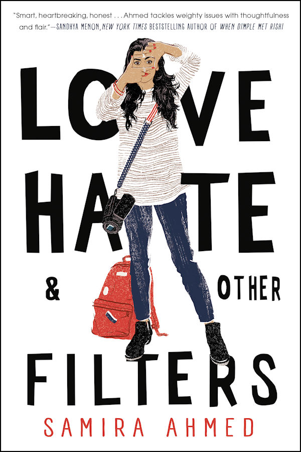 Cover Love Hate and Other Filters: A girl with a camera and red backpack holds her hands up like she's framing a movie scene