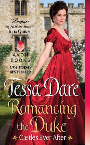 Cover of Romancing the Duke, featuring a brunette wearing a red ballgown with a castle behind her