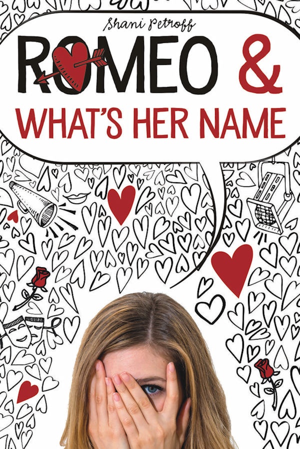 Cover Romeo and What’s Her Name: A girl peeking through her fingers while she's surrounded by hand drawn hearts