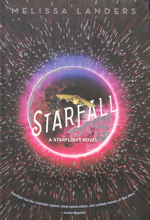 Cover Starfall A multi-colored glowing mooon with a space ship in front of it