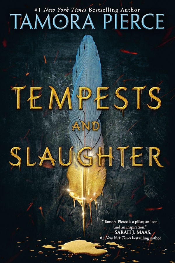 Cover of Tempests and Slaughter: A feather dripping liquid gold on a black background