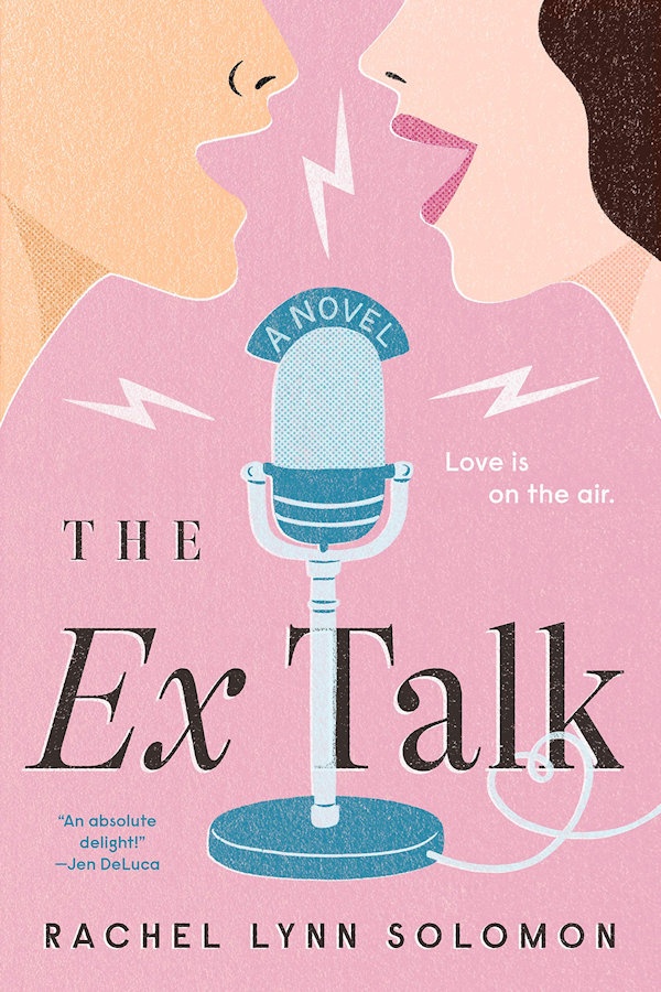 Cover The Ex: An old-timey mic with lighting bolts coming out of it with two half-faces of a man and woman talking into it over a pink background