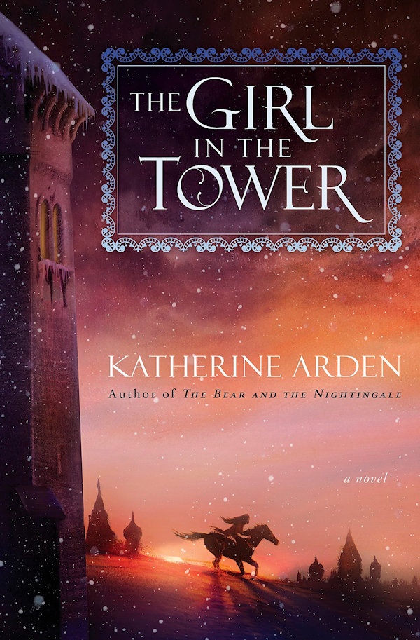 Cover The Girl in the Tower: A tower on the left with a girl on a horse riding away as the sun sets