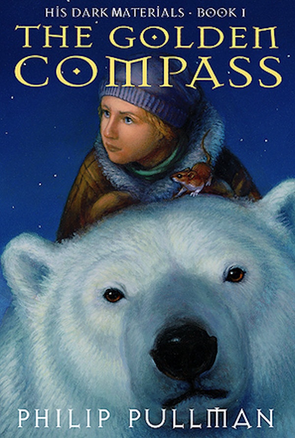 Cover The Golden Compass: A girl in winter clothing rides a polar bear