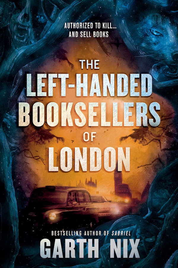 Cover The Left-Handed Booksellers of London: Cars driving seen through a knot in a tree with carvings