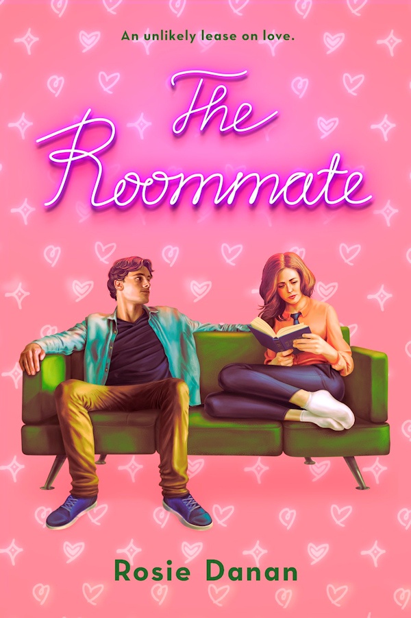 Cover The Roommate: A pink background with hearts and a cartoon woman reading and a man both sitting on a couch