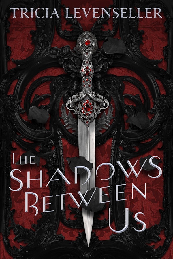 Cover The Shadows Between Us: A dark red backdrop with black filigree details and a silver dagger