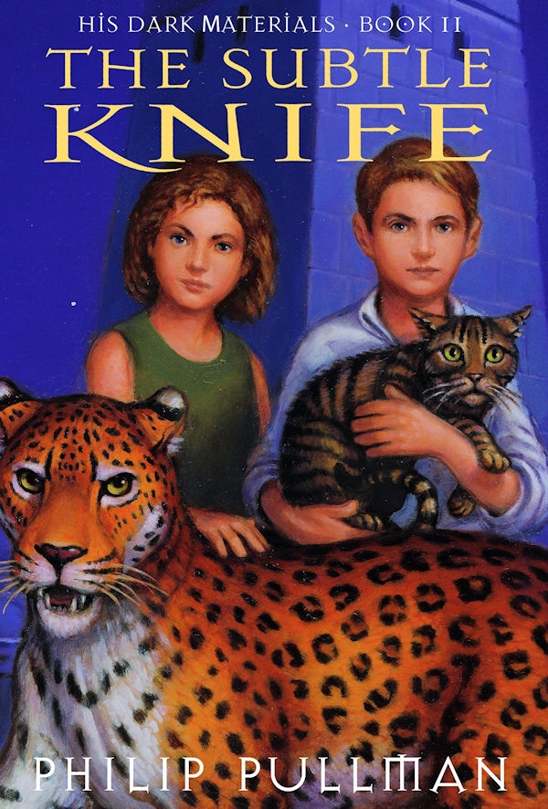 Cover The Subtle Knife: A cartoon boy holding a cat and girl petting a cheetah