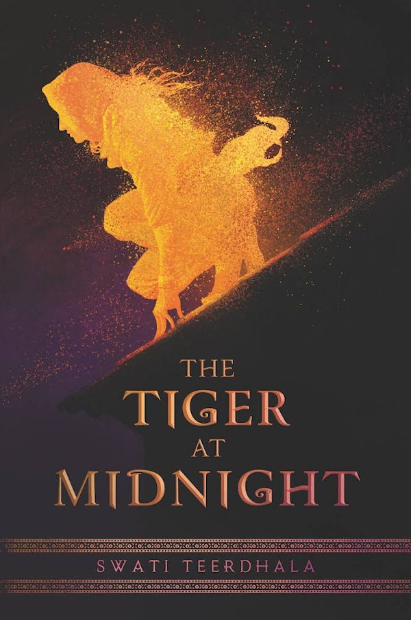 Cover The Tiger at Midnight: The golden outline/image of a girl kneeling on a slope