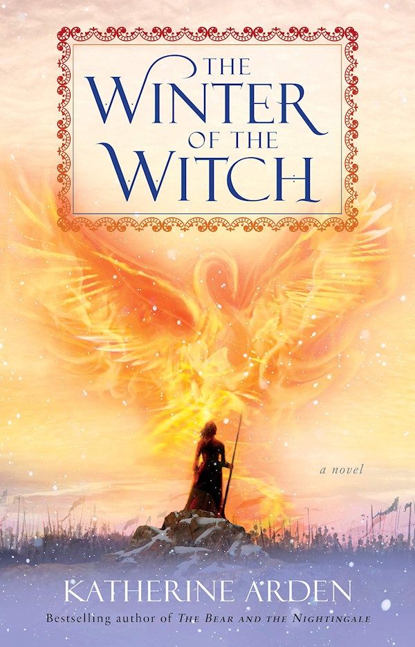 Cover The Winter of the Witch: a woman standing on a stone hill facing soldiers with a phoenix image burning in the sky above