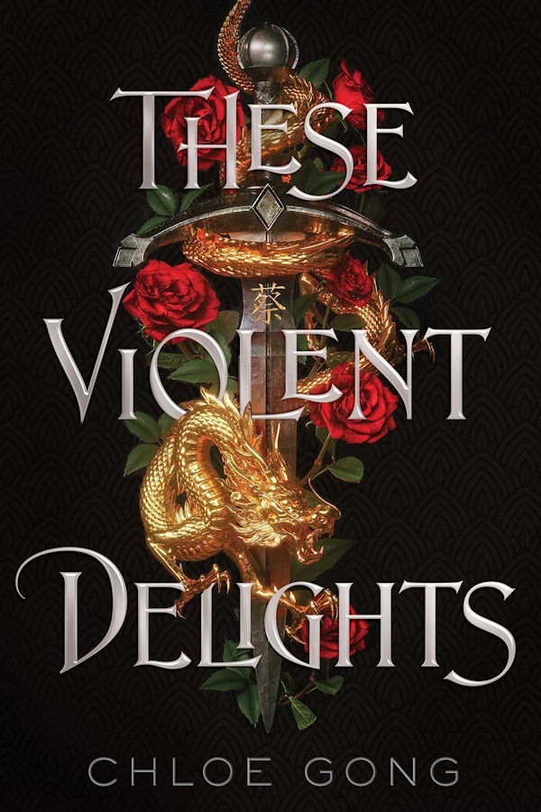 Cover These Violent Delights: A golden Chinese dragon wrapped around a dagger with roses on a black background