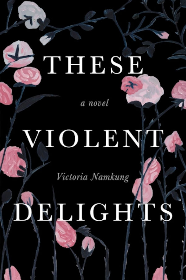 Cover These Violent Delights: A black background with white roses growing around the edges