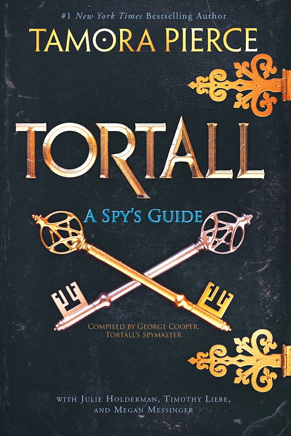 Cover of Tortall A Spy’s Guide: designed to look like a journal with gold accents and two criss-crossed keys in the middle