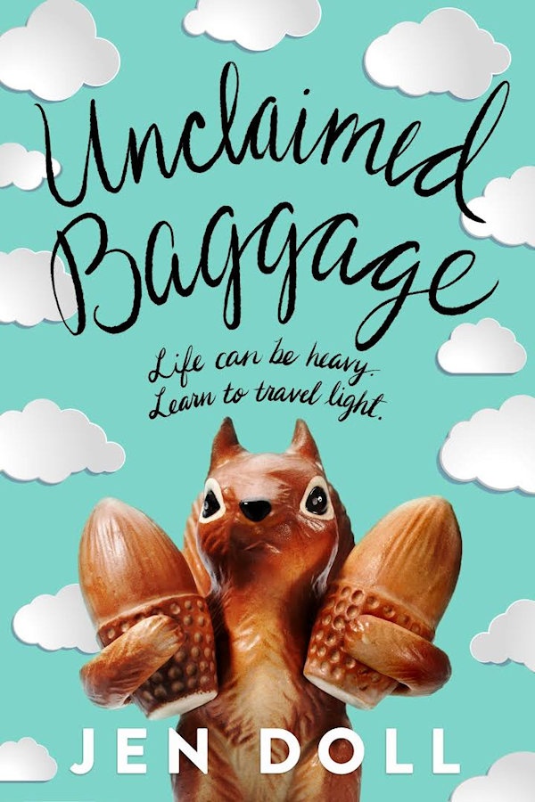 Cover Unclaimed Baggage: A ceramic squirrel holding 2 acorns against a blue background with cartoon clouds