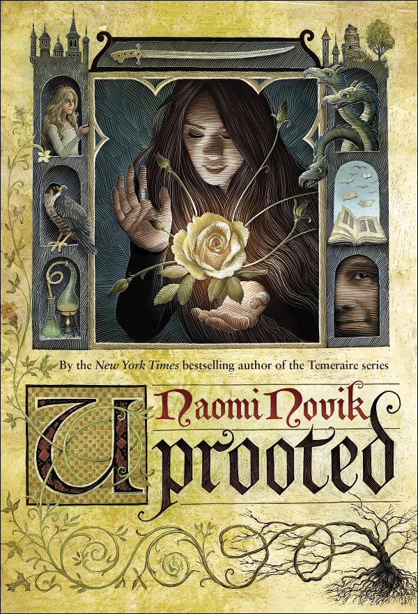 Cover Uprooted: A woman peering into a blooming gold rose