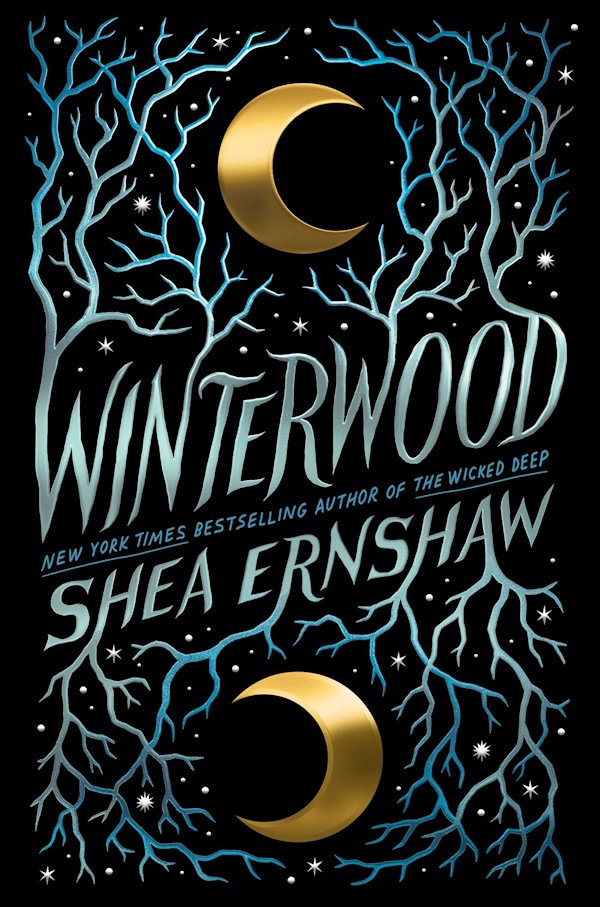 Cover Winterwood: Two golden half-moons and elaborate branches growing out of the book title and author name