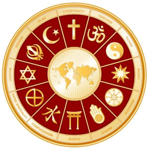 A circle with a map in the middle and multiple different religious symbols all around the edges like a compass