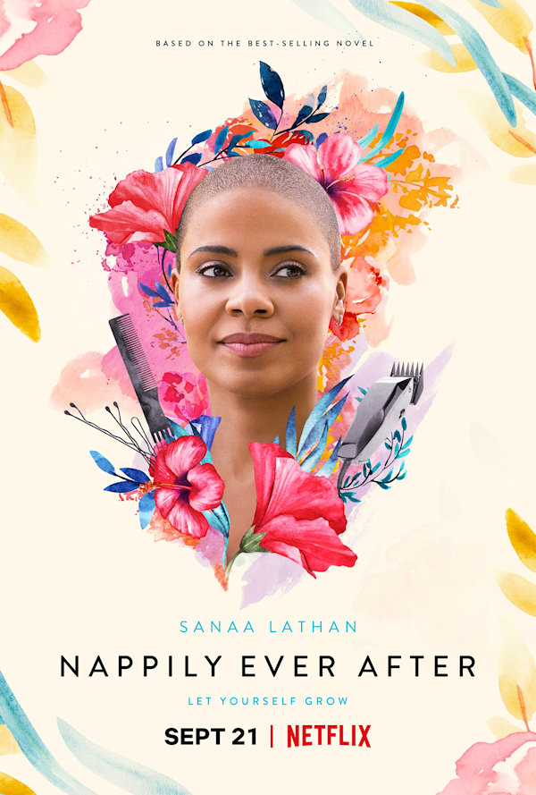 Nappily Ever After Cover: A woman with a shaved head surrounded by beauty products and flowers