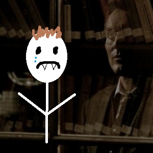 Giles staring at a glass-front bookcase with my MS Paint drawing of what Angel's sad face would look like if he had a reflection.