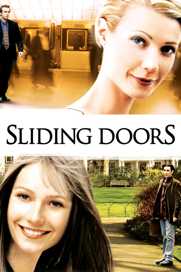 Sliding Doors Poster: Gwenyth Paltrow with short blonde hair and with long brown hair in 2 different realities