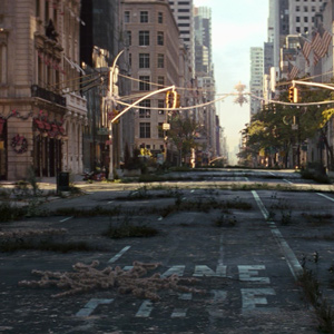 An empty NYC street, grown over with vines and looking desolate
