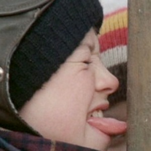 Flick, from a Christmas Story, with his tongue stuck to the frozen flagpole