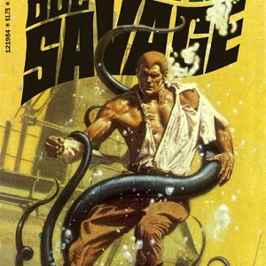 Cover of Doc Savage adventure Devils of the Deep. His shirt is half ripped off