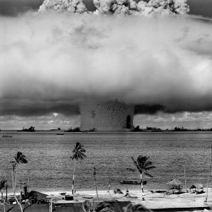 Black and white photo of atomic detonation at Bikini Atoll