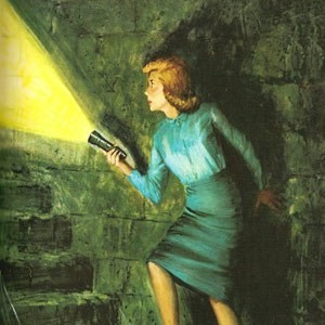 Nancy Drew creeping up an old stone staircase with her flashlight