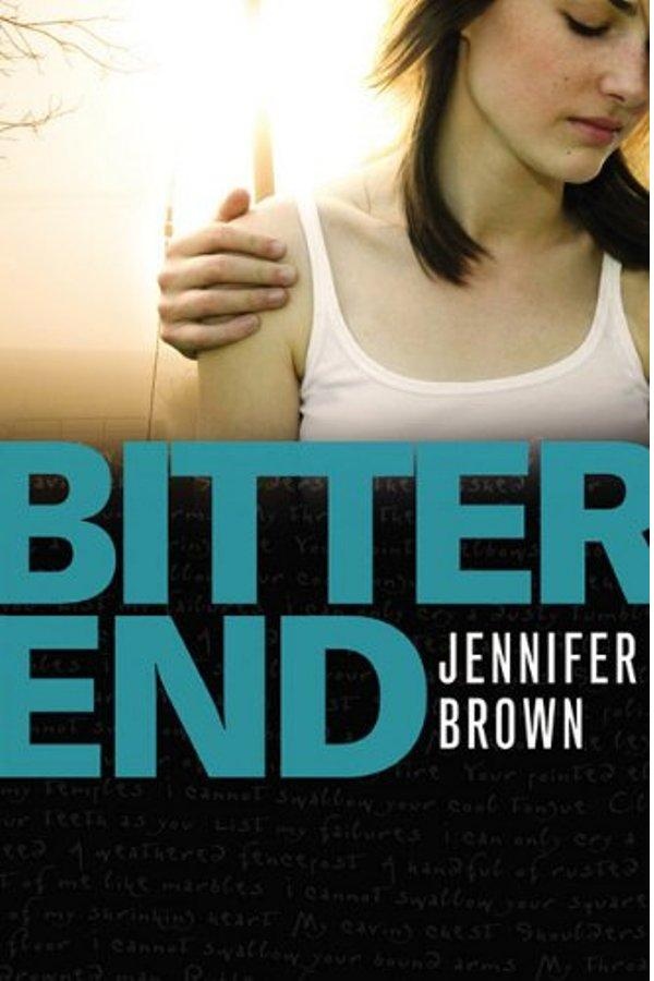 Cover of Bitter End. A boy with his arm around a sad teenage girl. Snippets of poetry are at the bottom.