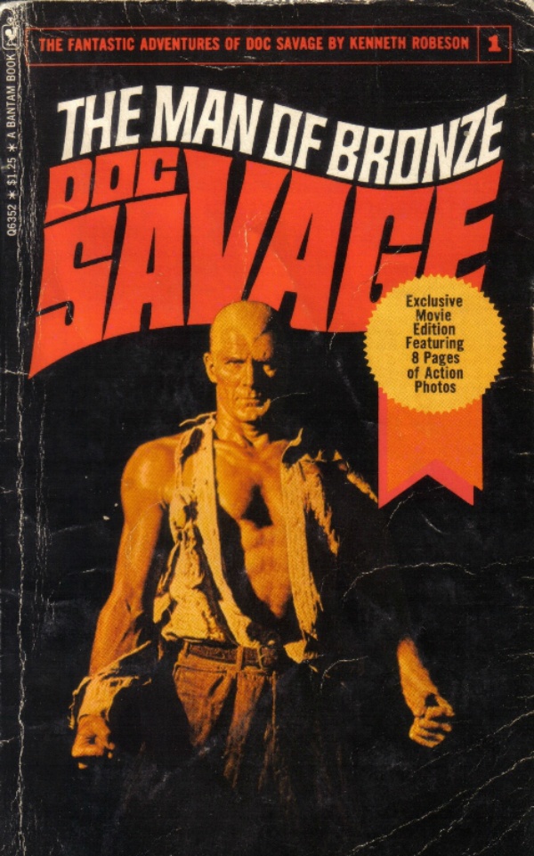 Cover of the first Doc Savage adventure, The Man of Bronze. Doc Savage's muscles rip through his torn shirt.