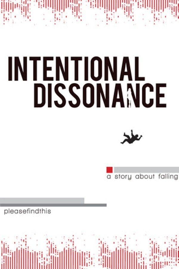 Cover of Intentional Dissonance. Almost all white cover with the outline of a falling man and a standing woman