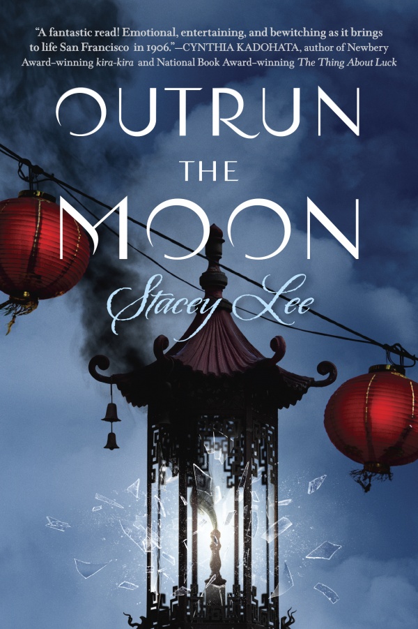 Cover of Outrun the Moon, with glass exploding from a lantern with red paper lanterns hanging behind it