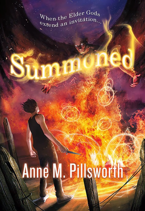 Cover of Summoned By Anne M. Pillsworth. A young man stands in front of a flaming demon
