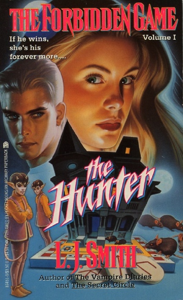 Cover of The Hunter, with a blonde girl's face above a haunted mansion, with a blonde punk dude's face next to it