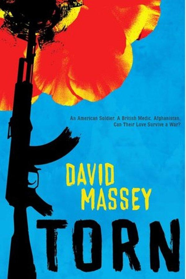 Cover of Torn. Machine gun with blue and orange background