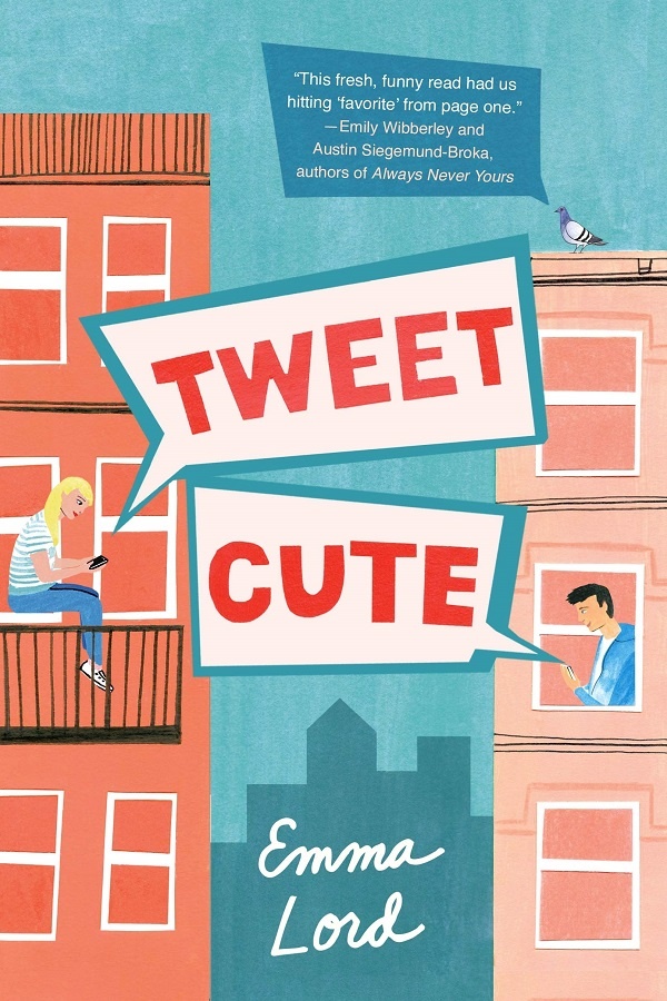Cover of Tweet Cute. A smiling boy and girl text each other from separate apartments.