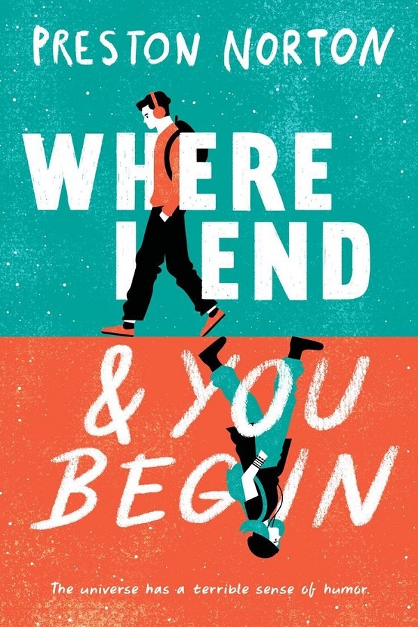 Cover of Where I End and You Begin. A boy and a girl walk away from each other in a mirror image.
