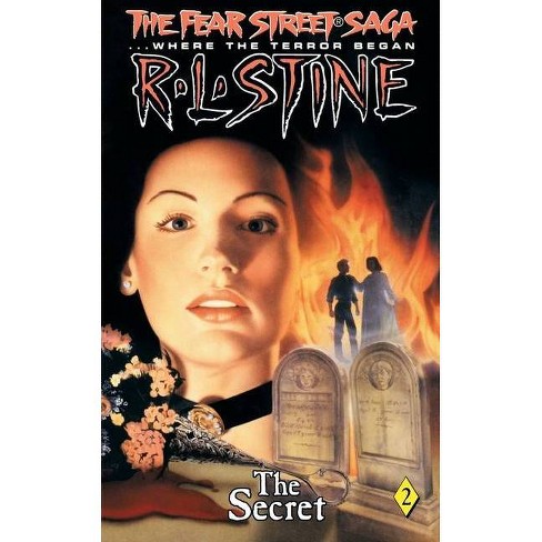 Fear Street Saga: The Secret cover. A dark-haired woman in an amulet stares behind a couple engulfed in flames and 2 graves.