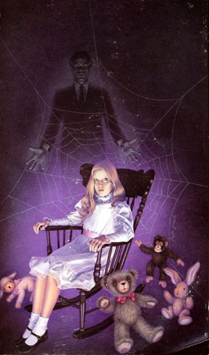 A young blonde girl sitting in rocking chair with spiderwebs and a ghostly figure looming behind her 
