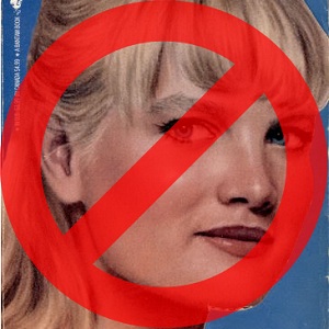 Liz Wakefield's face with a NO symbol on it